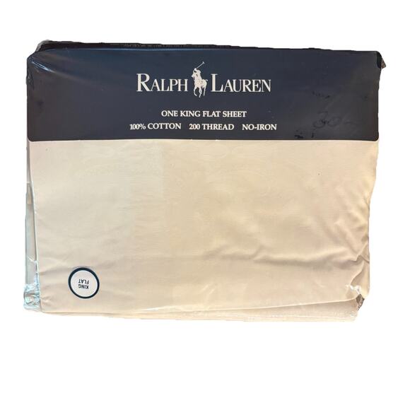 RALPH LAUREN DAMASK AVERY CREAM KING FLAT SHEET 100% COTTON 200 THREAD VTG NOS - Picture 1 of 7